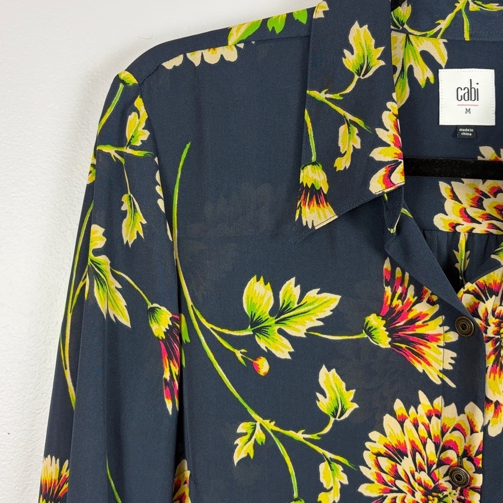 Cabi Chic Floral Semi-Sheer Long Sleeve Button Front Blouse Medium Navy Blue - Picture 5 of 14